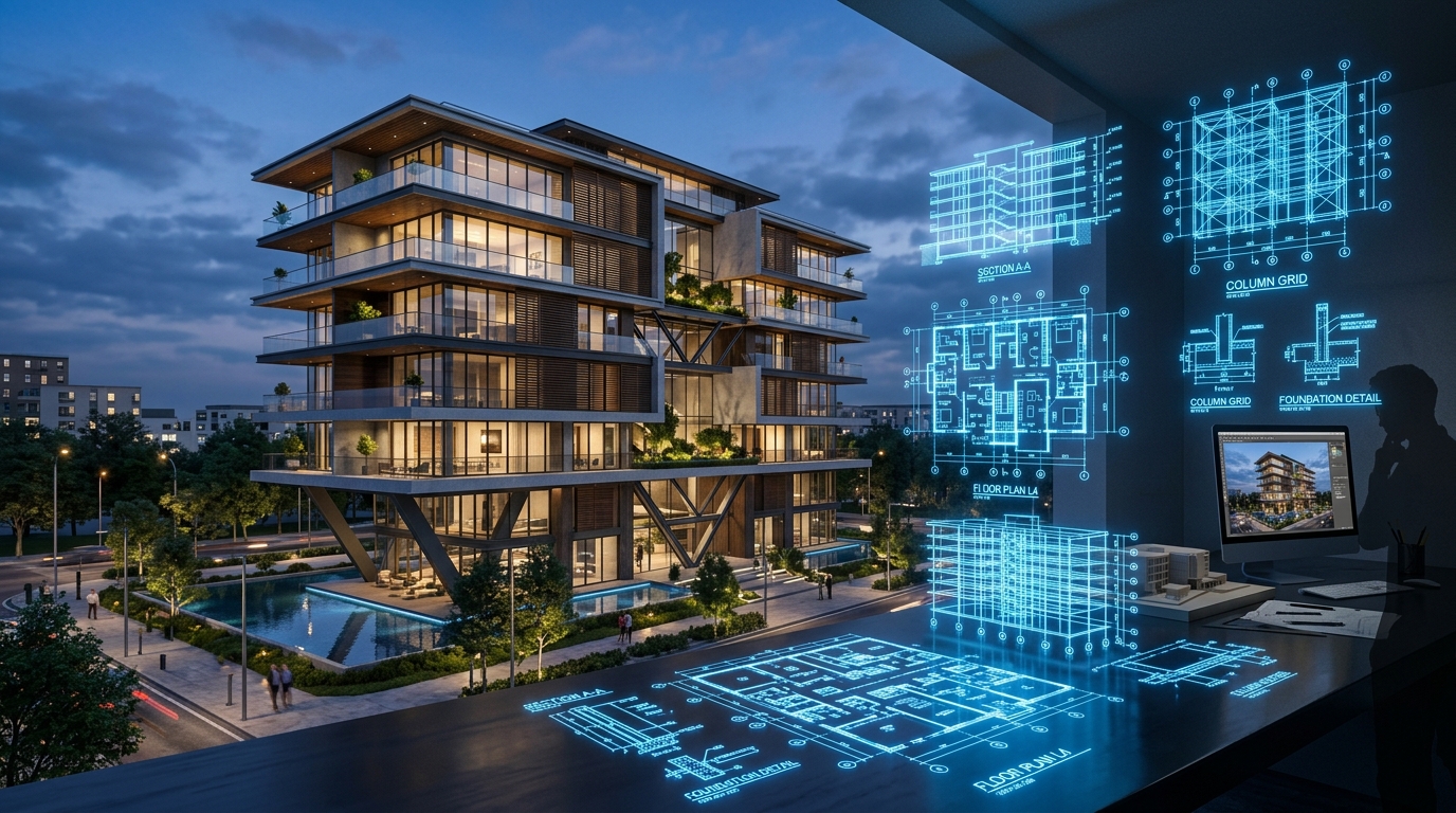 Modern 3D Architectural Render & Structural Blueprint