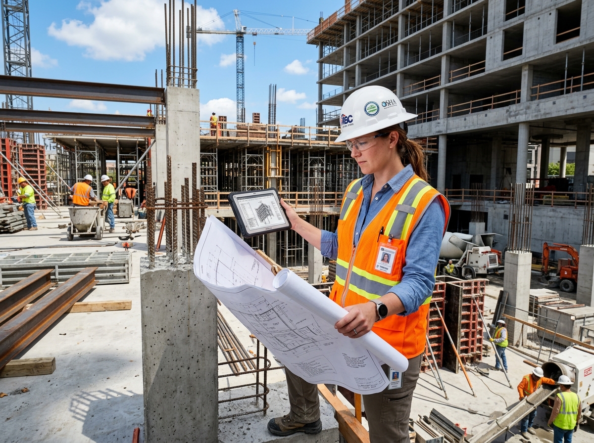 Civil Engineer on construction site inspecting structural rebar